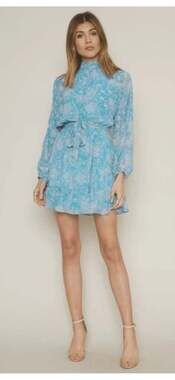 Dee Elly Blue Paisley Floral Mock Neck LS Ruffle Hem Mini Dress Large coquette
